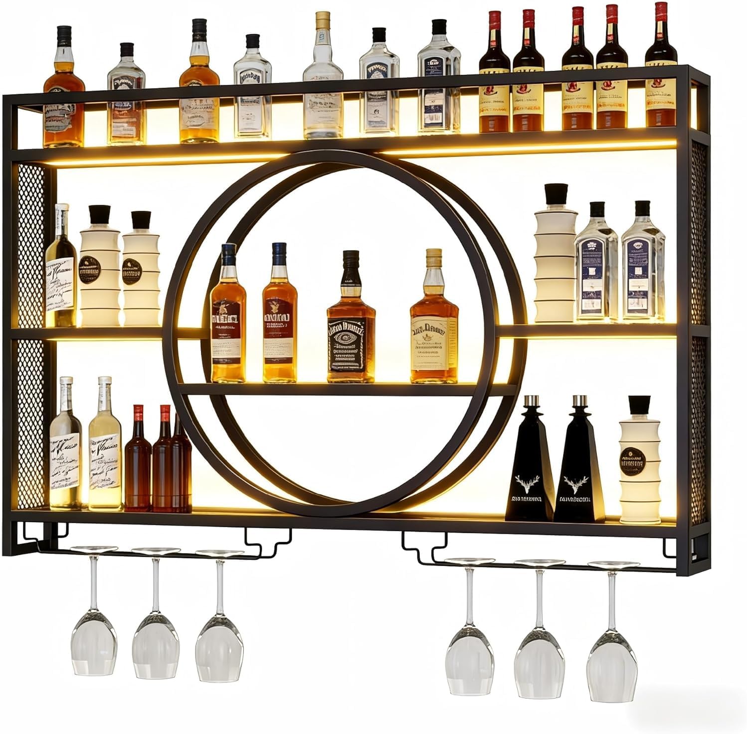 47.2” Wall Mounted Wine Rack with LED Light and Glass Holder | Industrial Metal Bar Shelf Wall Mounted Wine Rack for Kitchen, Bar, Dining Room (Black, 47.2inch/120cm)