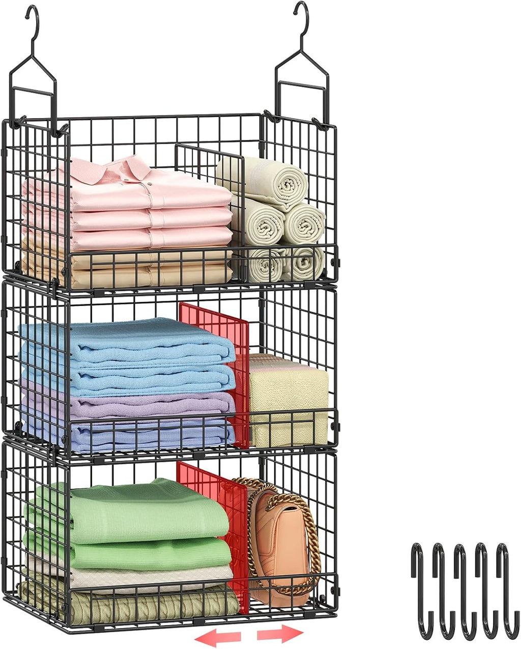 Sonyabecca 3-Tier Extra Large Closet Hanging Organizer with Dividers, Clothes Hanging Shelves with 2 Hanging Hooks & 5 S-Hooks, Wire Storage Baskets for Sweaters, Shoes, Handbags & Accessories