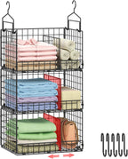 Sonyabecca 3-Tier Extra Large Closet Hanging Organizer with Dividers, Clothes Hanging Shelves with 2 Hanging Hooks & 5 S-Hooks, Wire Storage Baskets for Sweaters, Shoes, Handbags & Accessories