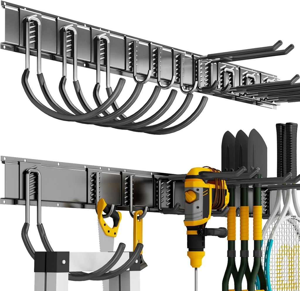 Shed Tool Organizer Wall Mount, 64inch Heavy Duty Garden Tool organizer Storage System, Easy Install With 10 Adjustable Hooks, For Garage, Basement, Shed, Workshop(Black)