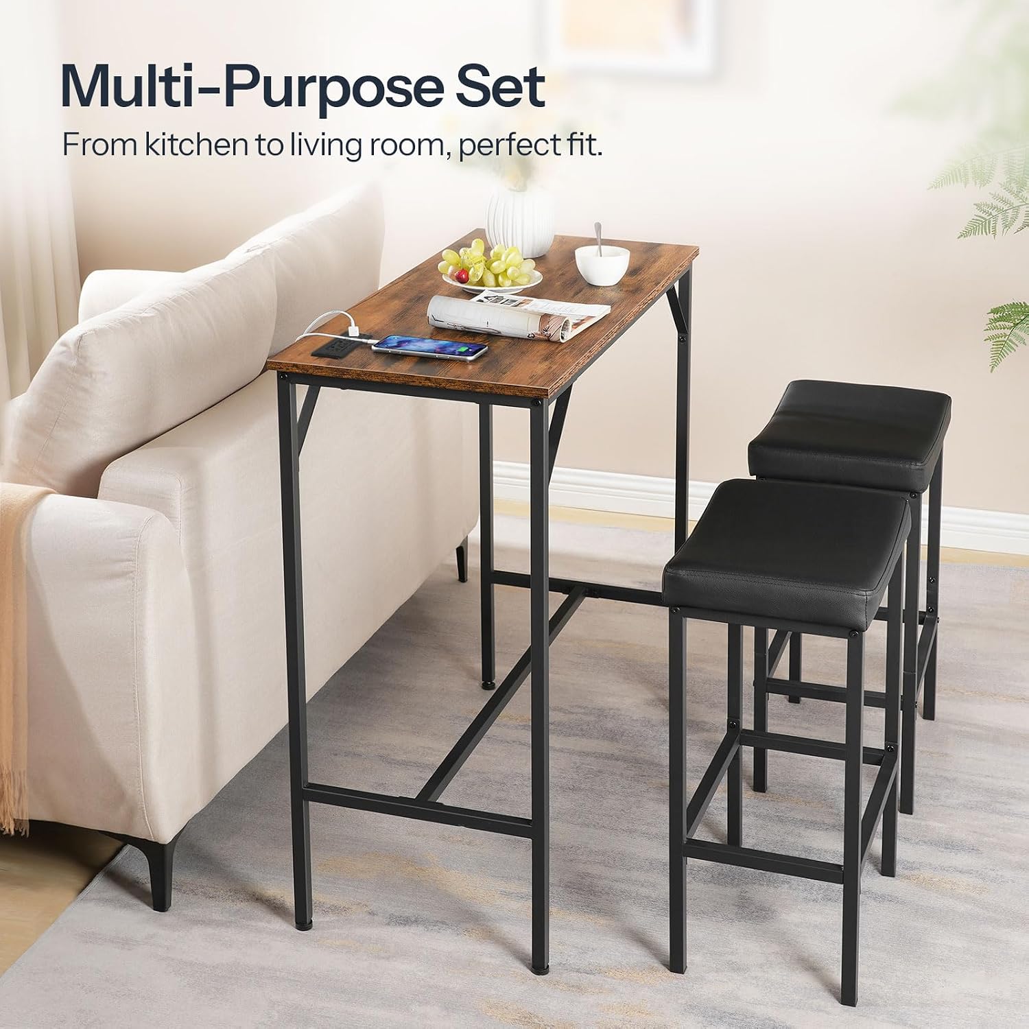 HOOBRO 3-Piece Bar Table and Chairs Set, 39.4" Pub Table, High Top Bar Table with Charging Station, 3-Piece Dining Table Kitchen Breakfast Table Set, for Kitchen, Small Space, Rustic Brown BF10UBT01