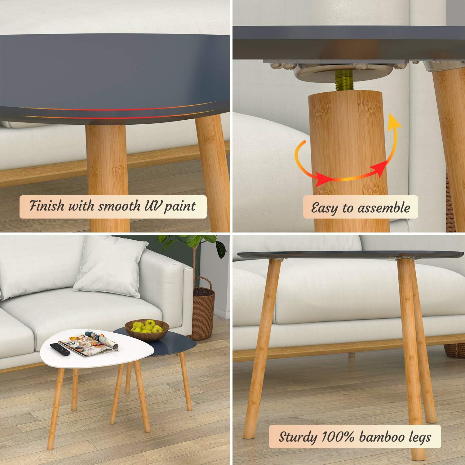 Bamboo Nesting Coffee Tables - Small Coffee Table for Living Room, Set of 2 Triangle End Table Modern Side Table for Bedroom Apartment Balcony Yard Small Spaces, (White & Gray)