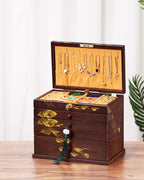 Hand-drawn rose Jewelry Box Wood for Wowen,6-Layer Wooden Jewelry Organizer Boxes with 4 Drawers dresser, Vintage Multi-functional Jewelry Storage Case with lock