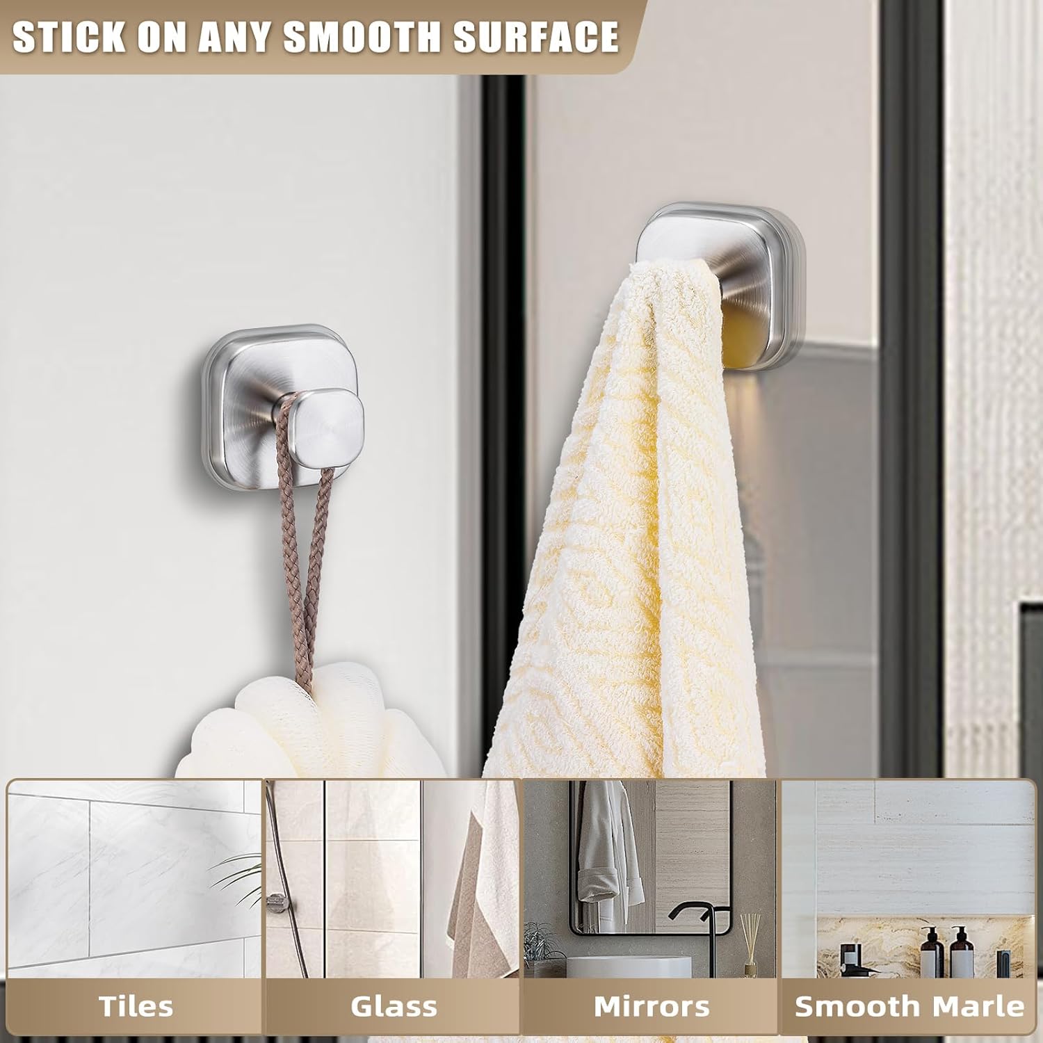 No-Drill Reusable Suction Cup Hooks, 2-Pack Brushed Nickel – Towel, Robe, Loofah, Coat Hook for Glass, Mirror, Tile, Shower, Bathroom, Kitchen & Metal (Smooth, Non-Porous Surfaces)
