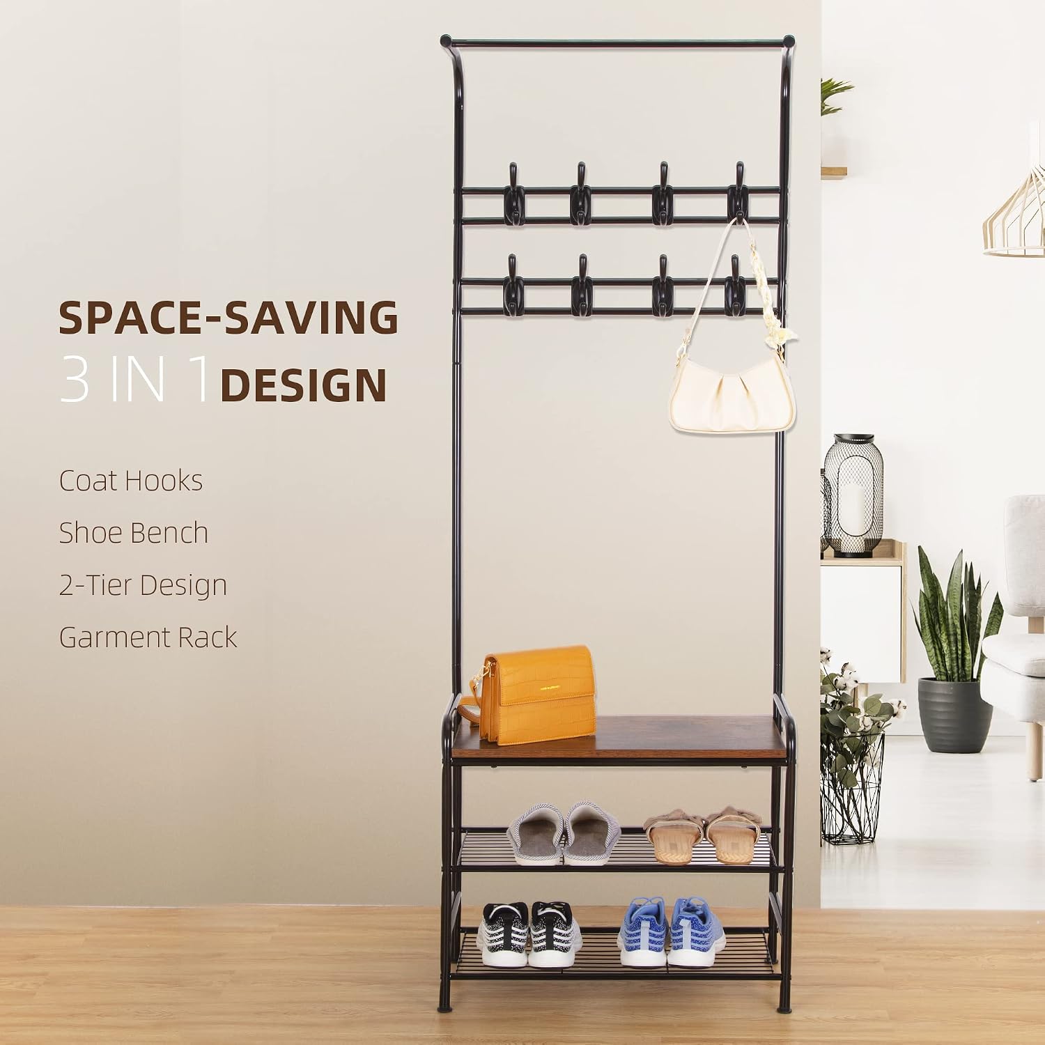 IDEALHOUSE Hall Tree with Entryway Bench with Coat Rack Shoe Rack Bench, 3 in 1 Hall Tree with Bench and Shoe Storage, 3-Tier Storage Shelf and 8 Hooks, Black, 23.6"(W) x 11.8"(D) x 70.1"(H)