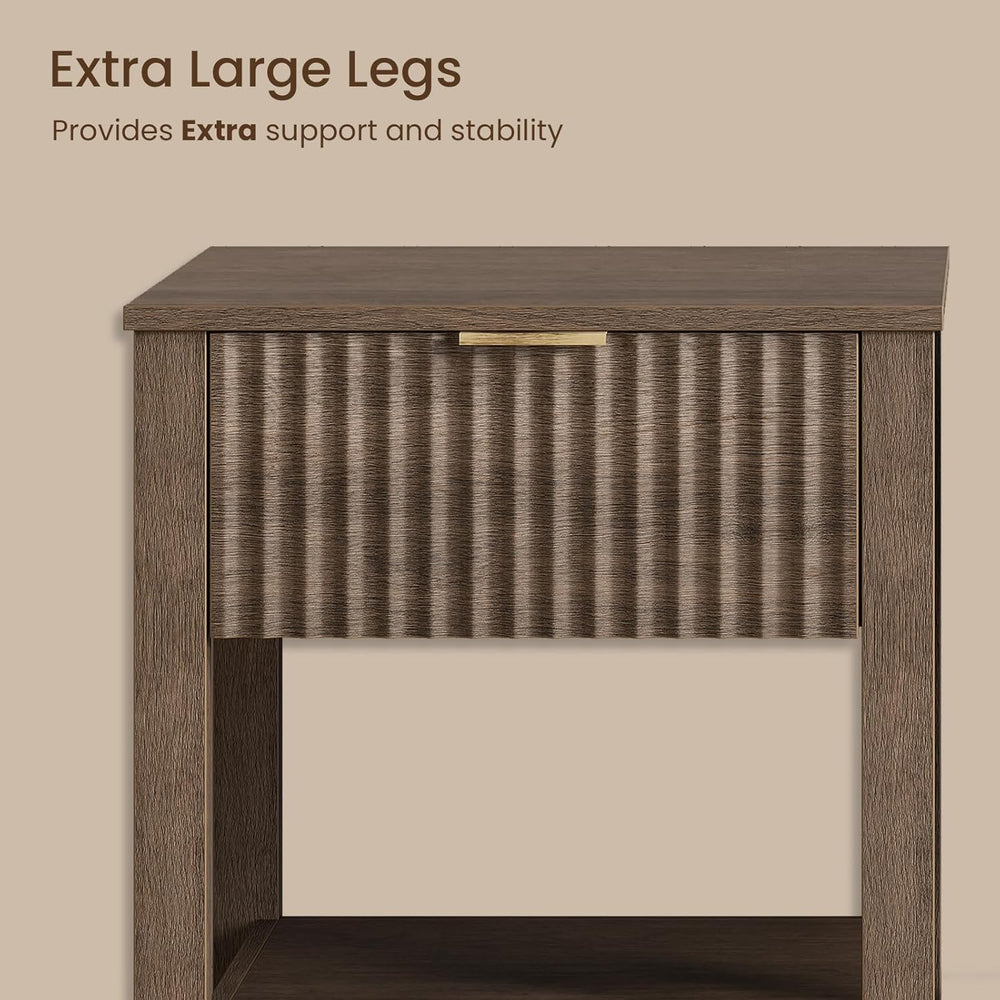Fluted Night Stand with Golden Handle,Set of 2 Mid-Century Nightstands with D...