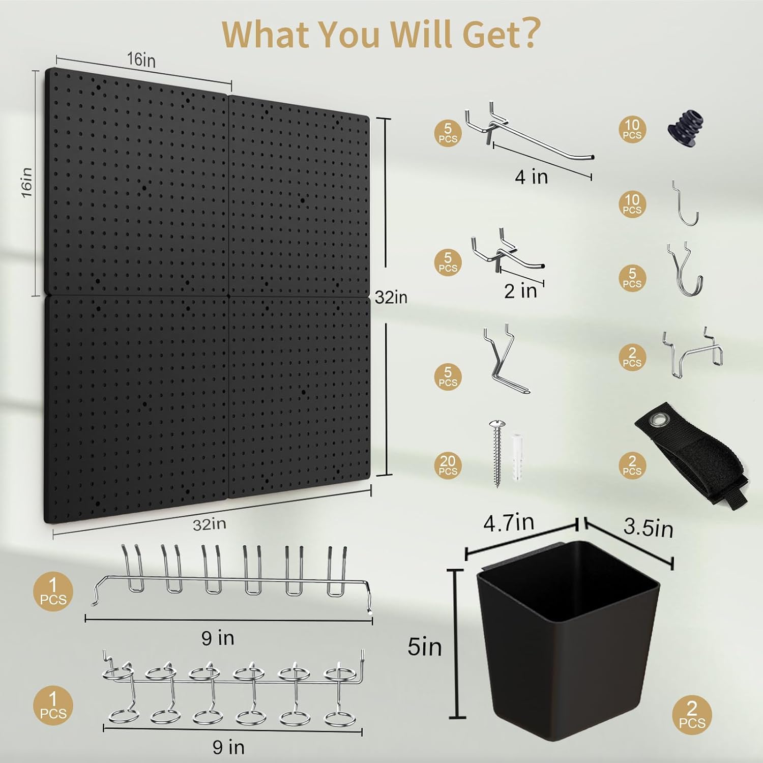 FZK Pegboard 32"*32",Black Pegboard 4pcs and 46 Peg Board Hooks with Strong Ribs Back Holds up for 200Ib,Peg Board Organizer for Walls for Garage Workshop Office