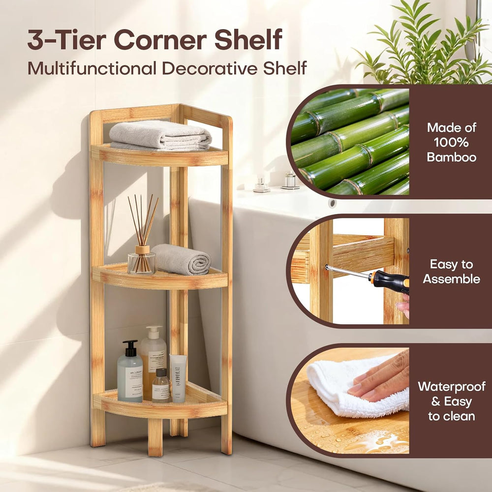 2026 New Bamboo Standing Shelf, 3 Tier Corner Shelf Stand, Free-Standing Shel...