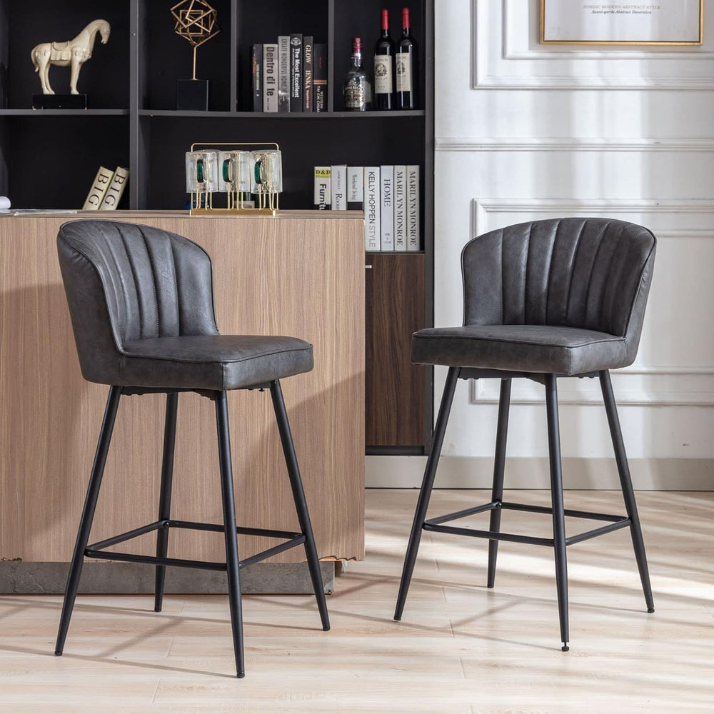 Grey Faux Leather Counter Stools Set of 4 Mid Century Modern Bar Stools Uphol...