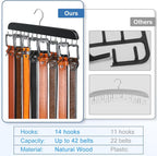 Belt Hanger for Closet Max 42 Belts, Sturdy Wood Belt Rack Closet Accessories with 14 Hooks Belt Organizer for Closet Organizers and Storage -Black 1 Pack