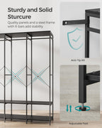 SONGMICS Clothes Rack, Iron and Wood Wardrobe Closet Organizer, Heavy Duty Garment Rack with Hanging Rods, Closet Shelves, Removable Hooks, 15.7 x 55.5 x 70.9 Inches, Ebony Black URGR005B56