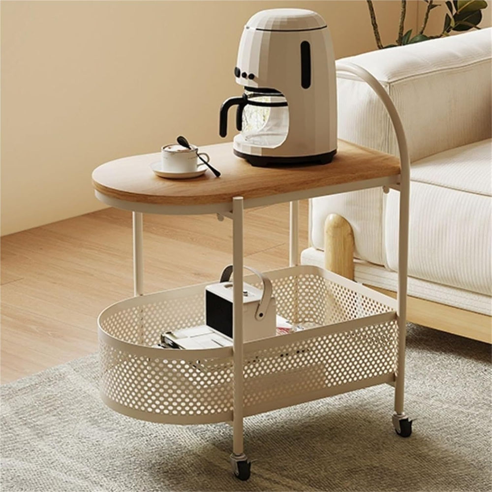 Sofa Side Table with Wheels Coffee Storage Cart Movable End Table with Storag...