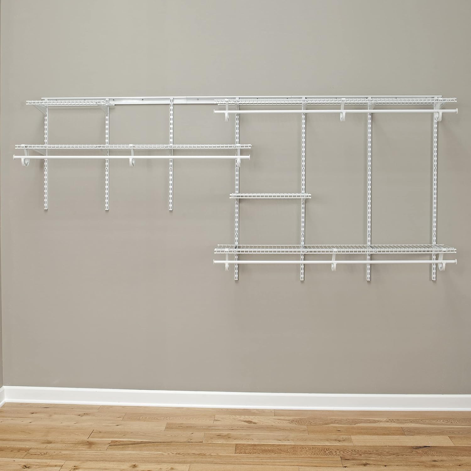 ClosetMaid ShelfTrack Wire Closet Organizer System, Adjustable from 7 to 10 Ft., With Shelves, Clothes Rods, Hardware, Durable Steel, White