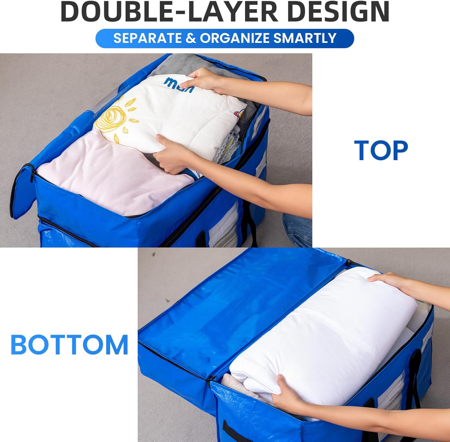 TAILI 2 Tier Extra Large Moving Bags, 4 Pack Blue Heavy Duty Totes for Storage with Visible Window, Wrap Around Handles, Storage Bags for Space Saving, Alternative to Moving Boxes