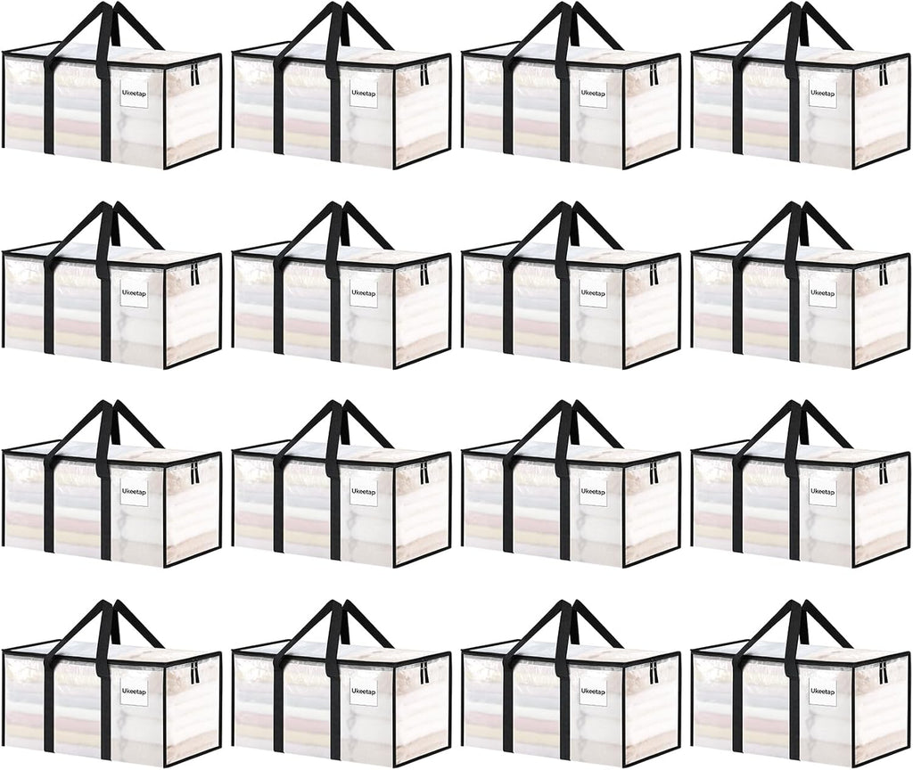 16 Pack Extra Large Heavy Duty Moving Bags, Clear Storage Bins with Lids, Reinforced Handles & Heavy-Duty Zippers Moving Boxes Storage Bags Totes for Clothes Packing, Dorms, College Supplies, Clear