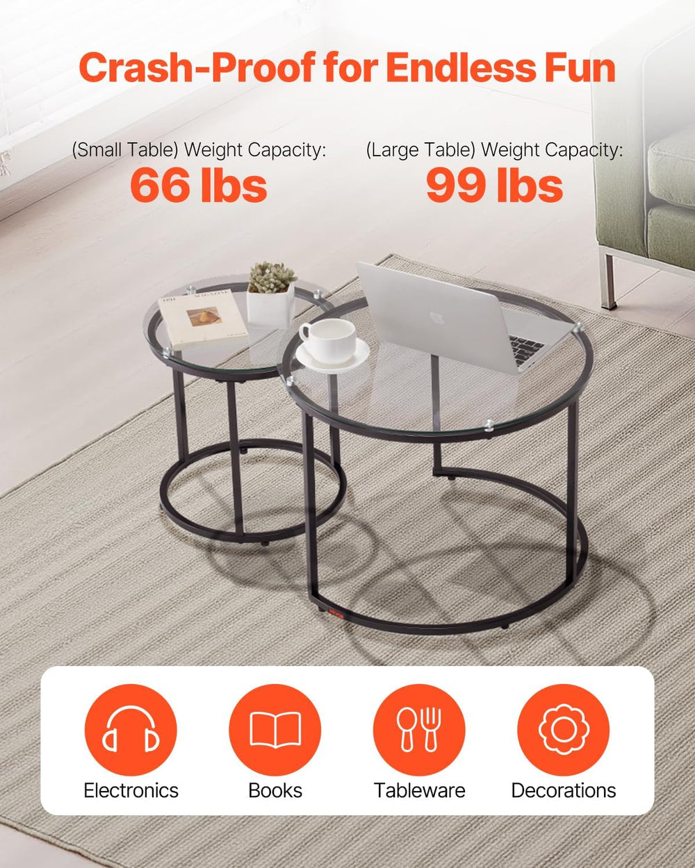 VEVOR Nesting Coffee Table Set of 2, 23.6 in Round Coffee Table, Glass Nestin...