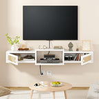 IBUYKE Modern Rattan Floating TV Stand with Doors,Wall Mounted TV Shelf for TVs up to 55 Inches,Media Console Entertainment Center for Under TV Storage Cabinet for Living Room Bedroom,White UWST012W