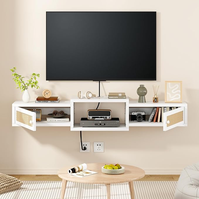 IBUYKE Modern Rattan Floating TV Stand with Doors,Wall Mounted TV Shelf for TVs up to 55 Inches,Media Console Entertainment Center for Under TV Storage Cabinet for Living Room Bedroom,White UWST012W