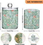 Vintage Floral Green 2 Pack Qtip Holder Dispenser for Cotton Ball, Swab, Pads - Clear Plastic Apothecary Jars with Lids for Bathroom Organizer, 10 oz