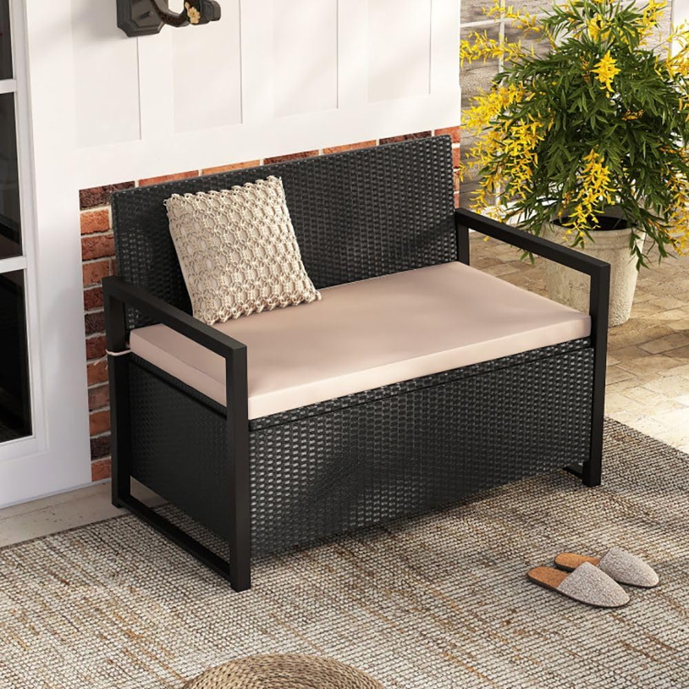 PE Rattan Outdoor Storage Loveseat Brown UV-Resistant Woven Rattan Pattern, 4...