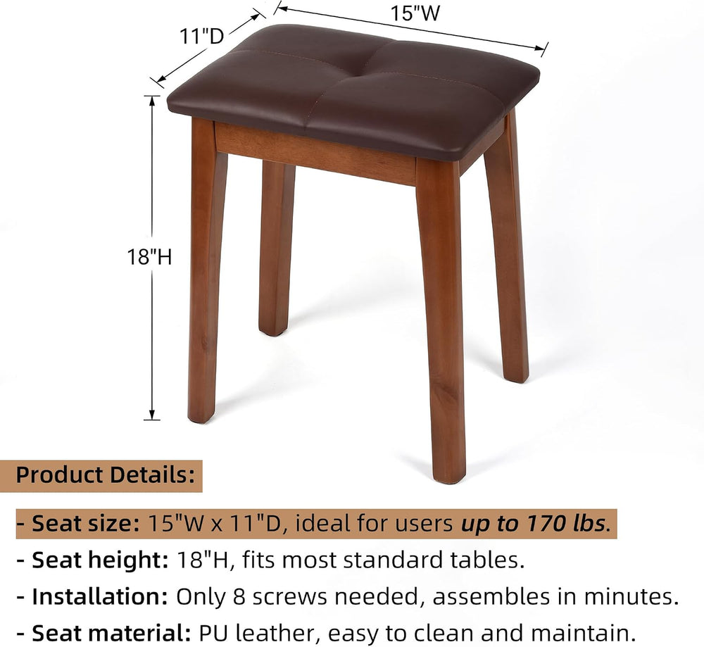 Solid Wood Vanity Stool with Cushion, 11" D x 15" W x 18" H - ...