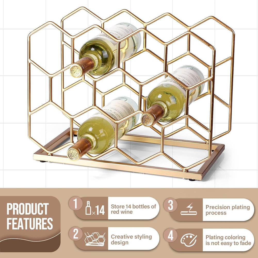 14 Bottle Countertop Wine Rack - Freestanding Modern Gold Metal Wine Rack - T...