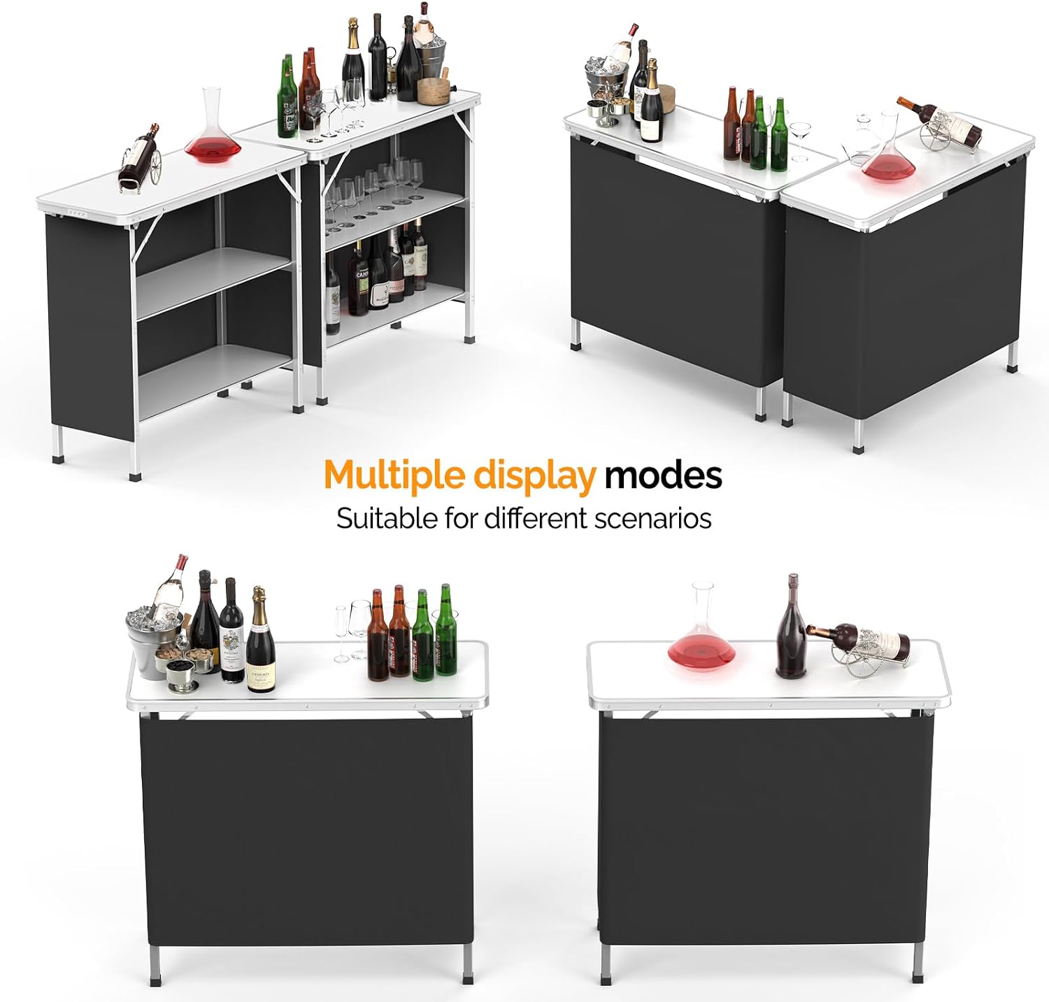 VINGLI Portable Bar Table, 3-Tier Shelves, Mobile Bar Table for Events, Party, Camping, Picnic, Tradeshow, Indoor with Black Skirt, 39 "L x 34" H