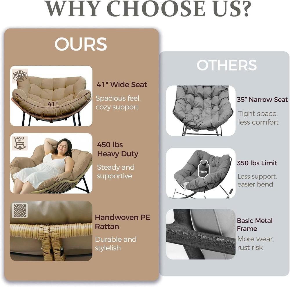 FINCATI Papasan Rocking Chair Indoor Outdooor, Oversized Wicker Recliner with...