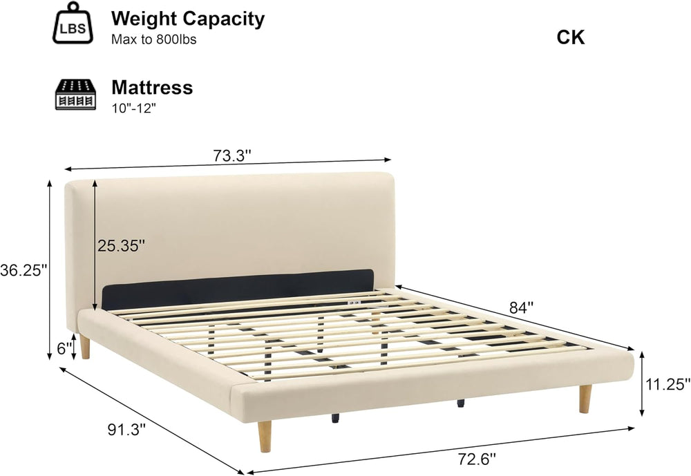 Cal-King Size Upholstered Beige Platform Bed with Chunky Headboard, Modern Fa...