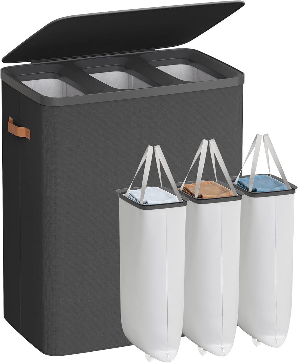 SONGMICS Laundry Basket, 50.2 Gal. Laundry Hamper, 3 Compartments, Easy Assembly, with Lid and Handles, Removable Liners, 25.2 x 15.7 x 29.5 Inches, Ink Black ULCB814BH01