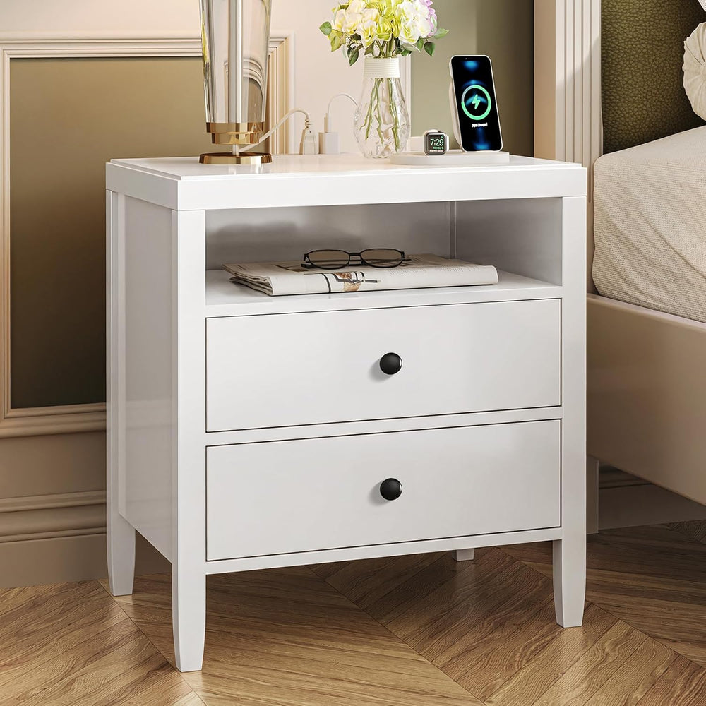 Huuger White Nightstand Set of 2, Night Stand with Charger Station, Bedside T...