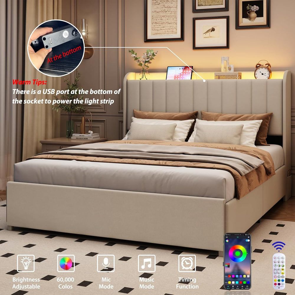 Full Bed Frame with 4 Drawers and Storage Headboard, Upholstered Platform Bed...