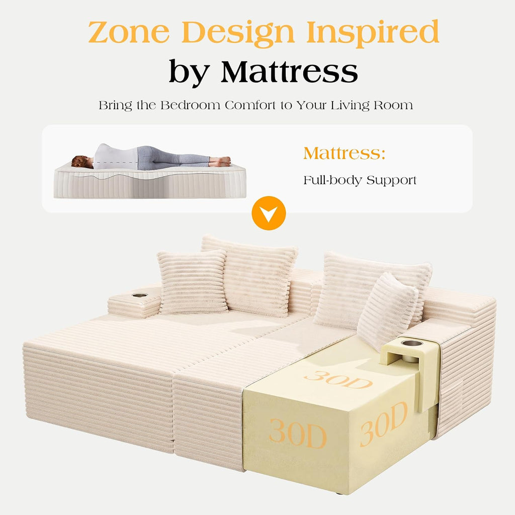 85 Inch Double Chaise Lounge Chair Indoor, Oversized Corduroy Upholstered Boneless Sofa Bed, Deep Seat Sleeper Couch Reading Chairs Cloud Sofas for Living Room, No Assembly Required, Beige