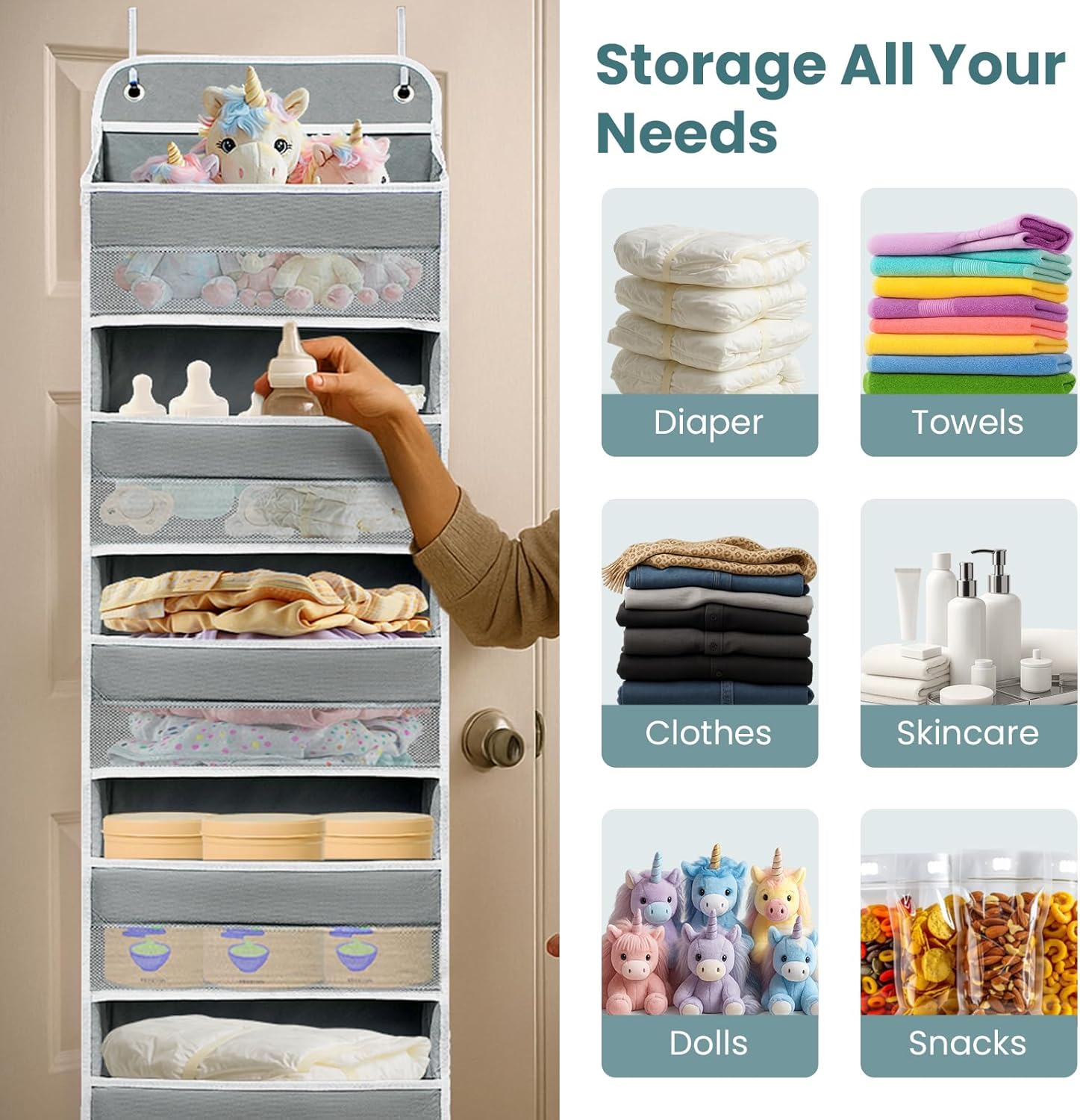 Over The Door Organizer with 8 Side Mesh Pockets, 44lb Weight Capacity Hanging Behind The Door Bathroom Organizers and Storage Suitable for Storing Toys, Shoes, Towels, Grey, 5 Shelf