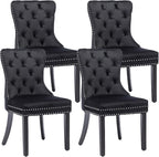 KCC Velvet Dining Chairs Set of 4, Upholstered High-end Tufted Dining Room Chair with Nailhead Back Ring Pull Trim Solid Wood Legs, Nikki Collection Modern Style for Kitchen, Black