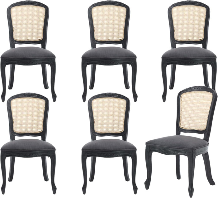 chairus French Country Dining Chairs Set of 6, Upholstered Linen Dining Room Chairs with Square Rattan Back Black Curved Leg Farmhouse Accent Side Chairs for Kitchen/Restaurant/Living Room, Charcoal