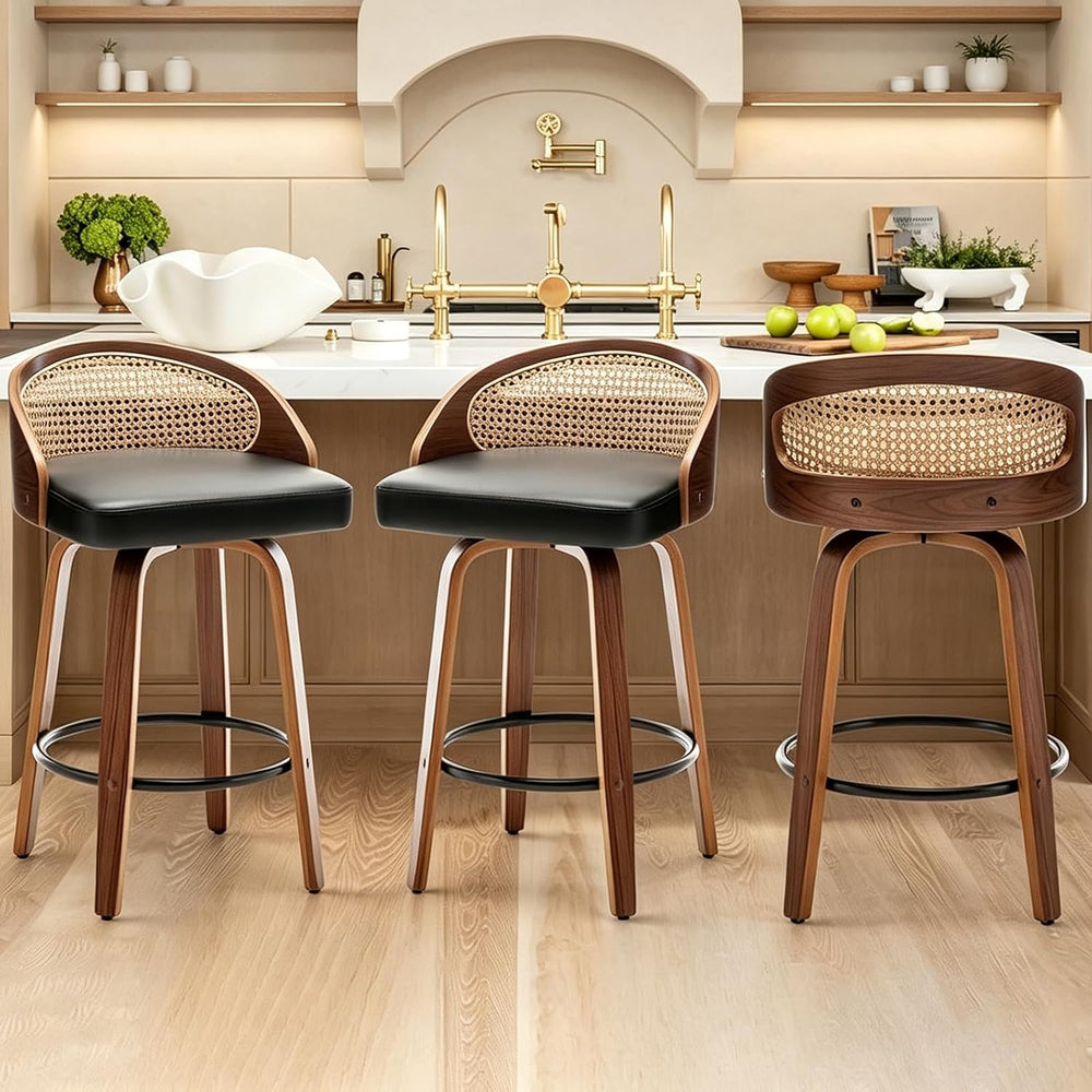 Swivel Rattan Bar Stools Set of 3 with Back,Black Leather barstool chairs