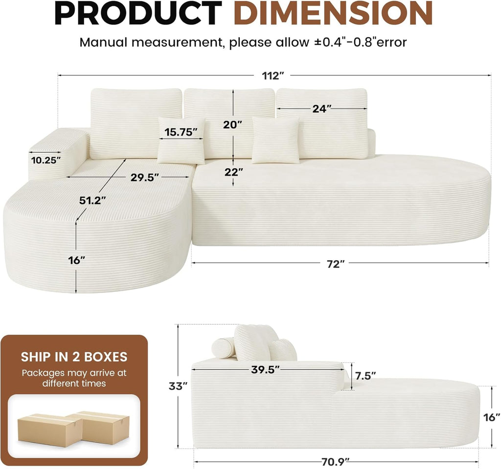 112" Modular Curved Cloud Couch, Oversized Couches for Living Room, Modern Boneless Sectional Sofa with Deep Seat, Foam Couch, No Assembly Required, Beige, 1PCS