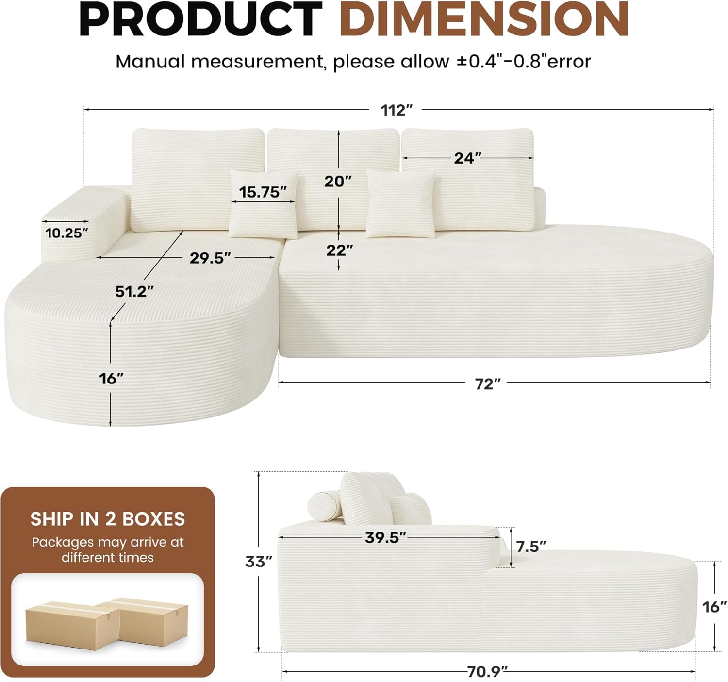 112" Modular Curved Cloud Couch, Oversized Couches for Living Room, Modern Boneless Sectional Sofa with Deep Seat, Foam Couch, No Assembly Required, Beige, 1PCS