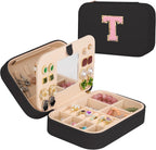 TopPerfekt Travel Jewelry Case, Jewelry Box with Mirror, Jewelry Organizer Bridal Shower Gifts to Her, Earring Storage Travel Case, Trendy Gift for Women and Girls, Girlfriend-Letter T, Black
