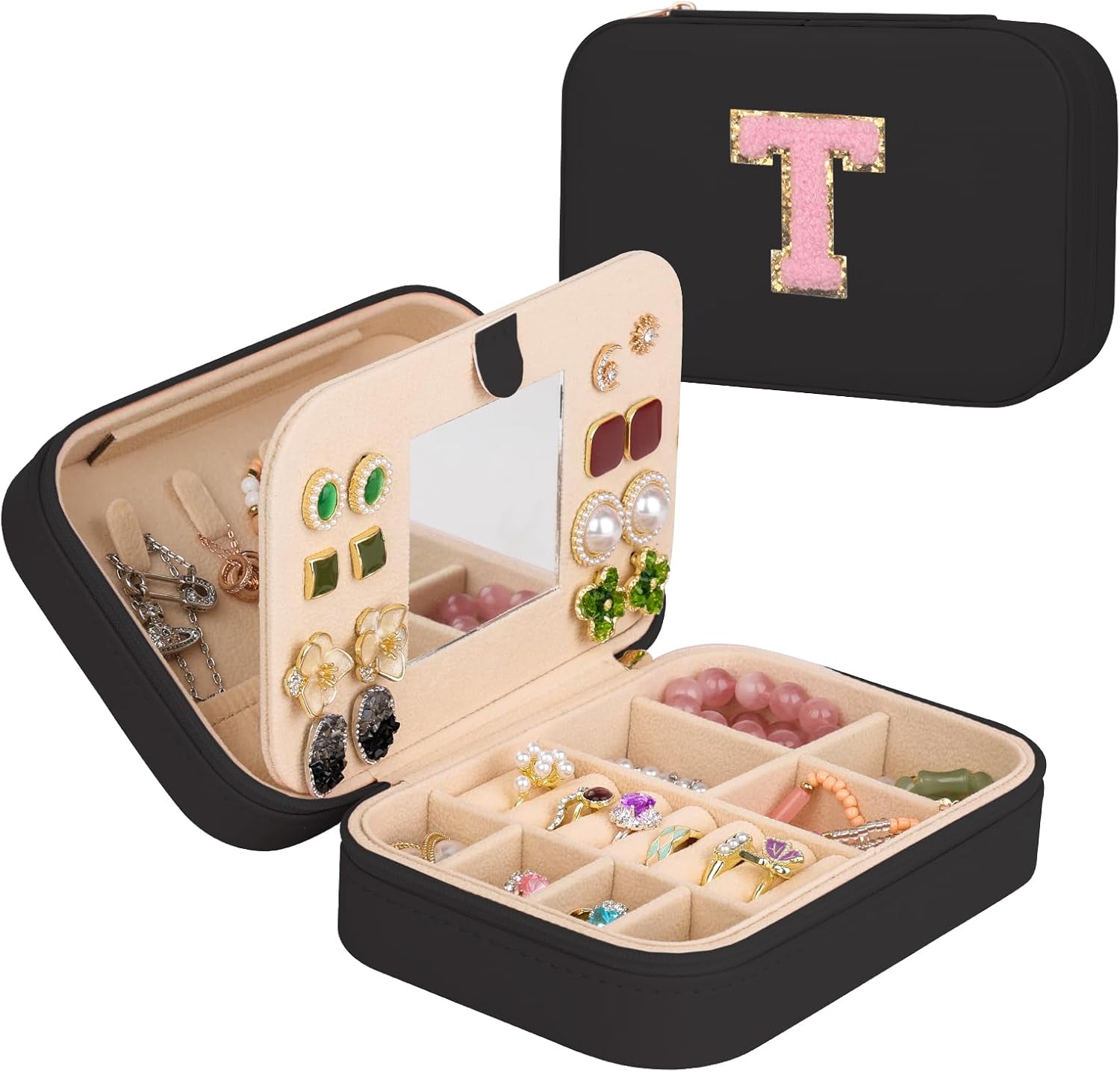 TopPerfekt Travel Jewelry Case, Jewelry Box with Mirror, Jewelry Organizer Bridal Shower Gifts to Her, Earring Storage Travel Case, Trendy Gift for Women and Girls, Girlfriend-Letter T, Black