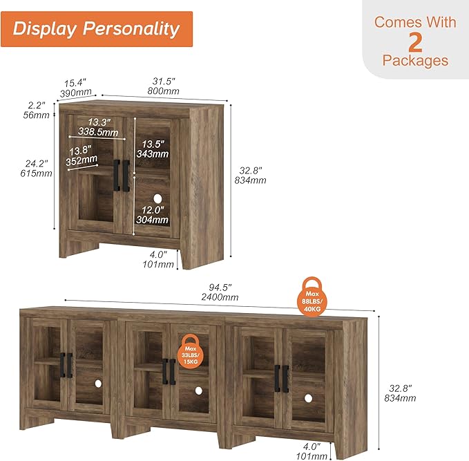 WAMPAT Farmhouse TV Stand for TVs up to 85”, Rustic Wood Entertainment Center with Adjustable Shelf, Glass Doors & Storage, Media Console Cabinet for Living-Room, Bedroom, Brown