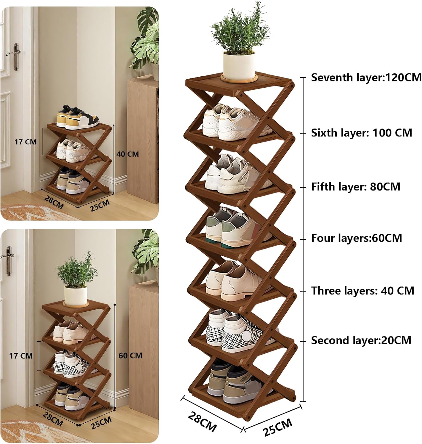 YYW Shoe Rack, Foldable Bamboo Shoes Shelf, Freestanding Shoe Storage Organiser for Entryway, Bedroom, Closet, Hallway, (Brown, 3 Layers, 25)