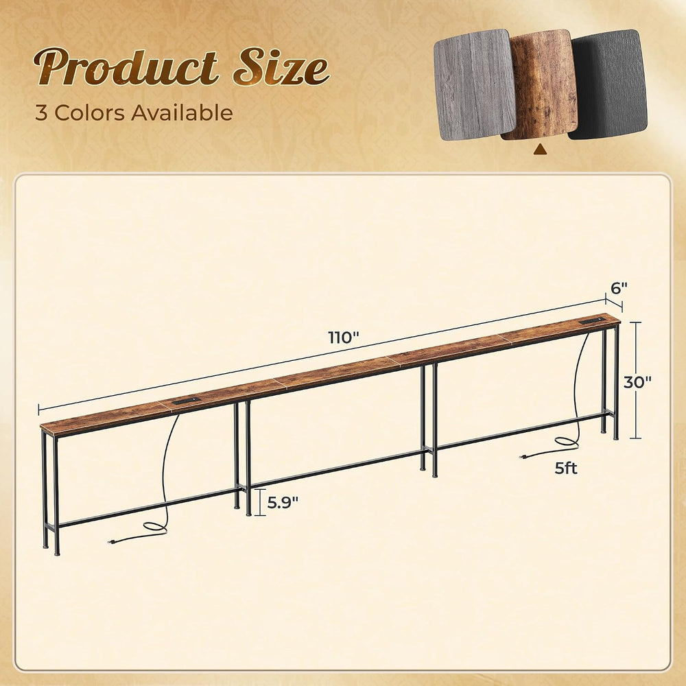 Huuger 110 Inch Sofa Table with Power Outlets, Skinny Behind Couch Table | 5....