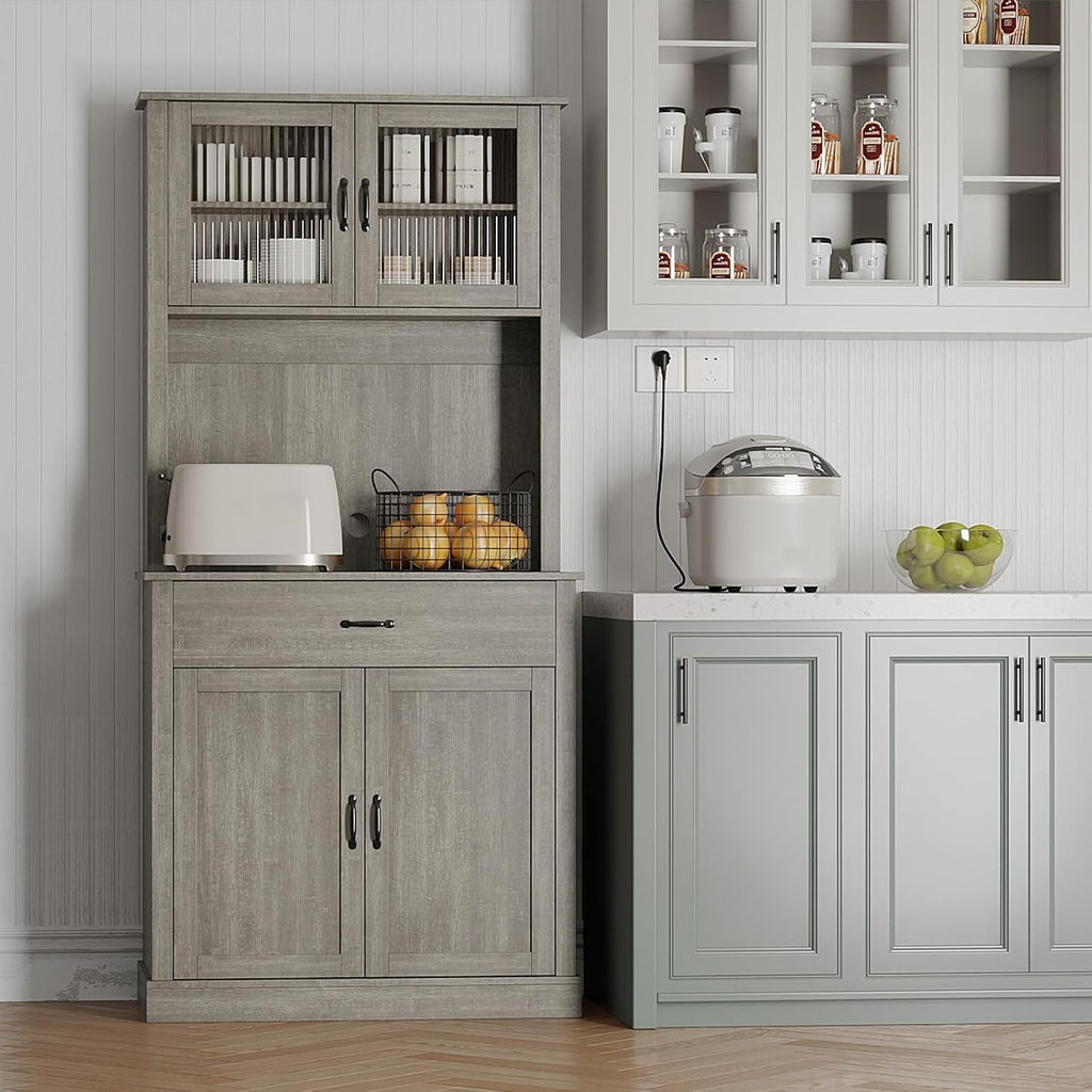 Farmhouse Pantry Cabinet, 71" Tall Kitchen Hutch Cabinets with Storage Drawer, Open Countertop, Glass Doors, Adjustable Shelves, Cable Hole for Dining Room, Living Room, Ash Grey