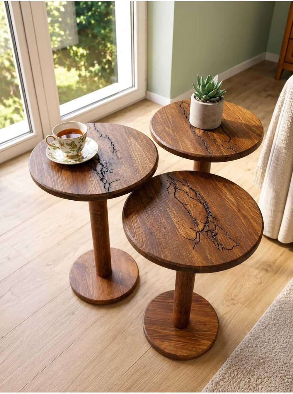 SODEF Handmade Round Walnut Wood Side Table Set, 3-Piece Nesting Tables, Wood...