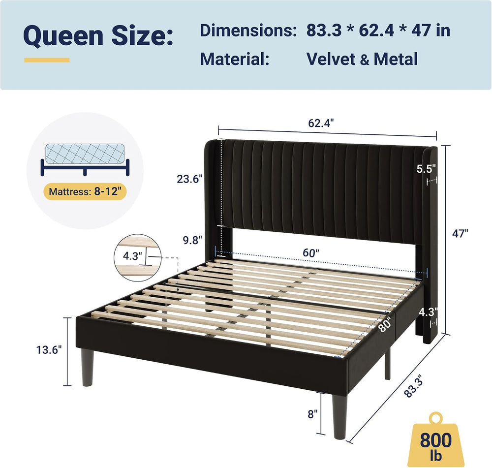 Allewie Queen Size Velvet Bed Frame/Vertical Channel Tufted Wingback Headboar...