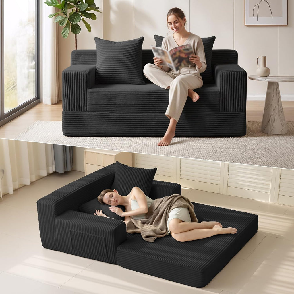 Erament Loveseat Boneless Convertible Sofa Bed, Folding Floor Futon Sleeper Sofa Couch Bed- Boneless Foldable Couch, Corduroy Pull Out Sofa Bed with 2 Pillows for Living Room & Bedroom