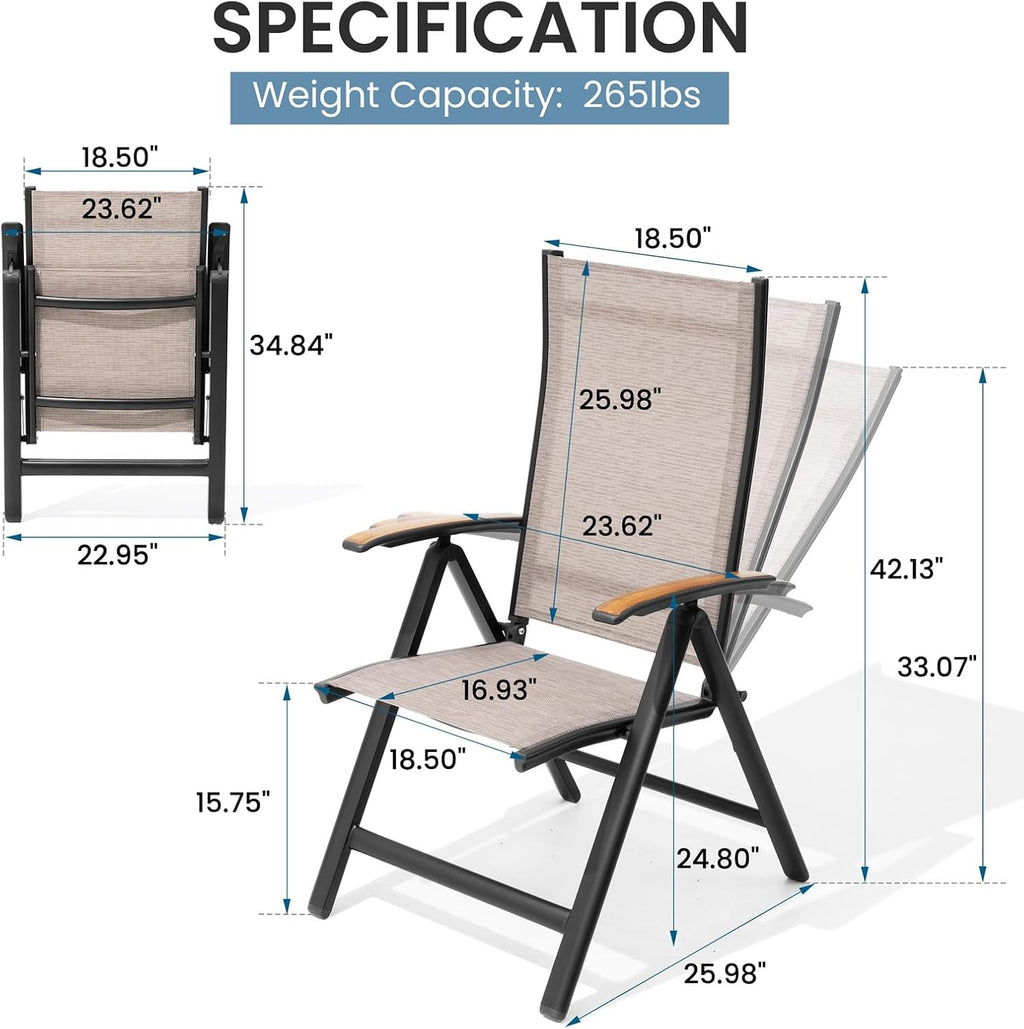 Folding Patio Chairs Set of 2, Outdoor Recliner Chairs | 8-Level Adjustable Reclining Back with Teak Armrest Aluminium Frame for Porch, Backyard, Brown DC071