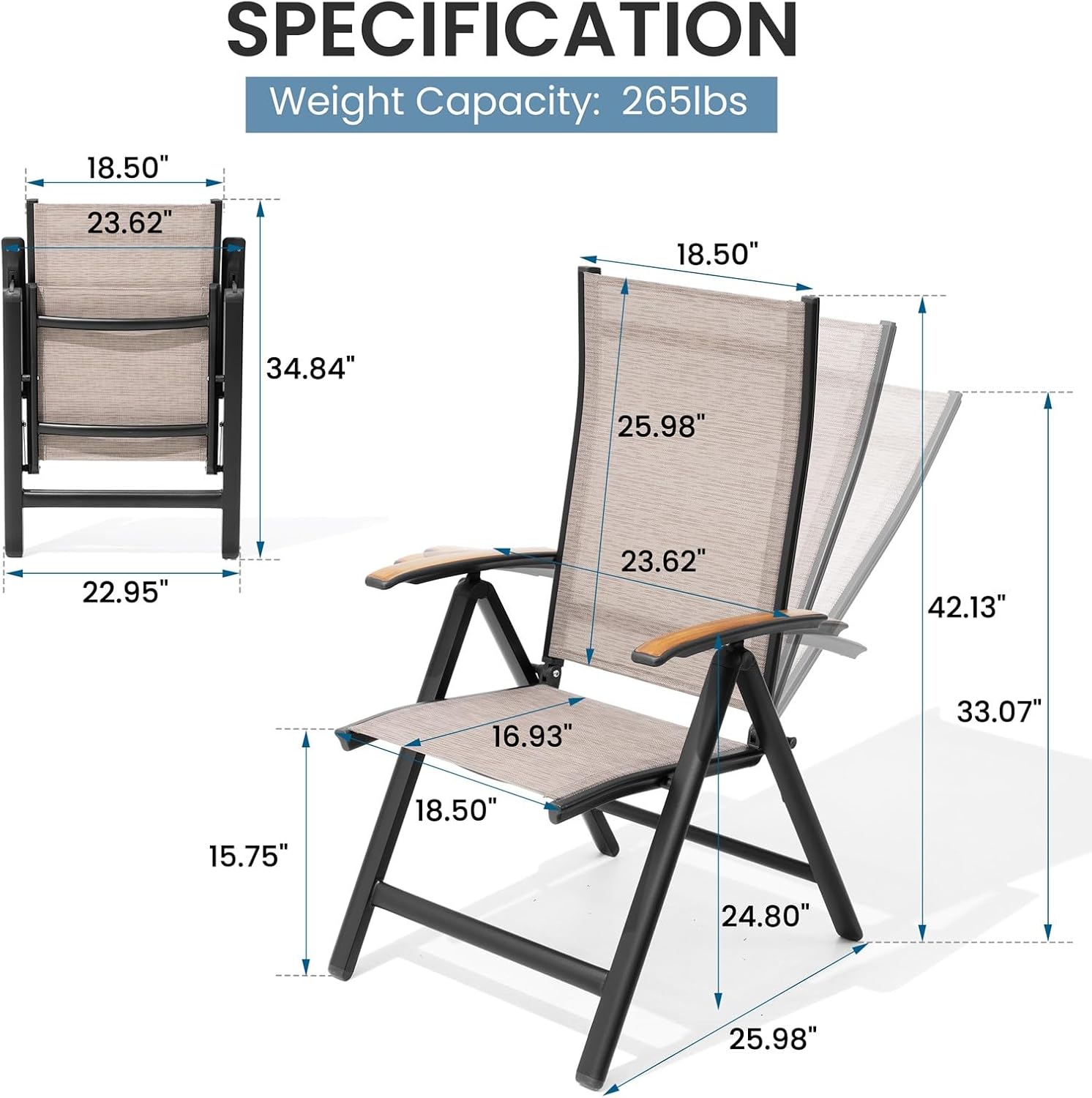 Folding Patio Chairs Set of 2, Outdoor Recliner Chairs | 8-Level Adjustable Reclining Back with Teak Armrest Aluminium Frame for Porch, Backyard, Brown DC071